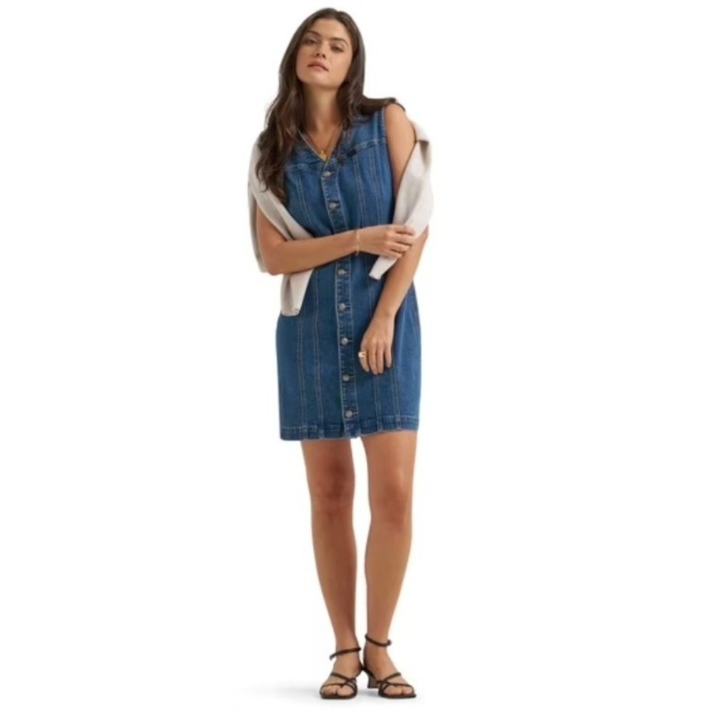 Lee Women's Size Large Heritage Sleeveless Rider Denim Dress V-Neck Button Front